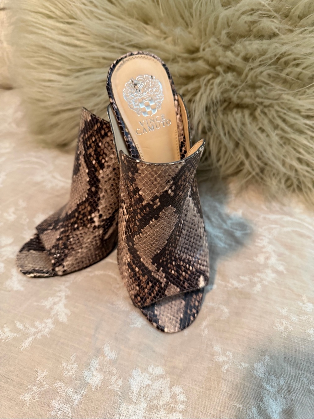 Vince Camuto Snake-Print Peep-Toe Mules, Black/Cream, Size 9M - Picture 2 of 11